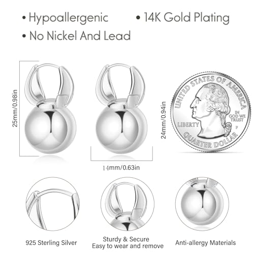 14k Gold Plated Ball Dangle Earrings for Women Sterling Silver Ball Drop Earrings Hypoallergenic Round Balls Hoop Earring Leverback Lightweight Earrings Fashion Jewelry - color: 04-silver