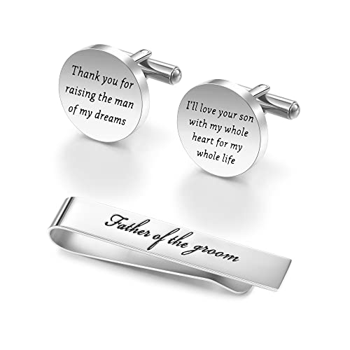 Jeka Father of The Bride/Groom Wedding Gifts Tie Bars & Cufflinks | Wedding Tie Bar & Cufflinks Set for Men, Father of the Bride, Father of the Groom, Father-in-Law Gifts - style: Father of The Groom-Silver
