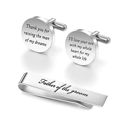 Jeka Father of The Bride/Groom Wedding Gifts Tie Bars & Cufflinks | Wedding Tie Bar & Cufflinks Set for Men, Father of the Bride, Father of the Groom, Father-in-Law Gifts - style: Father of The Groom-Silver