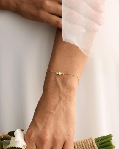 Gold Bracelets for Women Pearl Bracelet 14k Gold/White Gold Plated | Dainty Cubic Zirconia CZ Accented, Bridesmaid Jewelry, Prom Bracelet, Wedding Bracelets for Brides - color: gold-round pearl