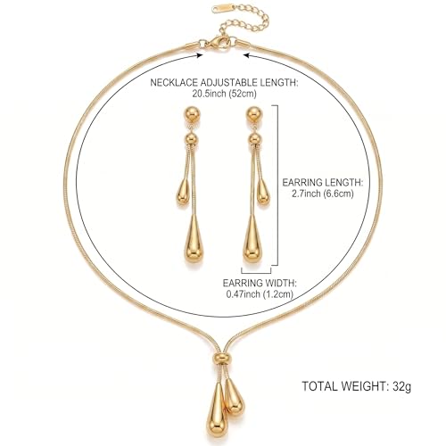 Stainless Steel Teardrop Jewelry Set for Women | Gold Plated Teardrop Jewelry Set for Women,Tarnish Dainty Lariat Necklace,Drop Earrings,Bridal Gift for Wedding Valentine - color: Style 1
