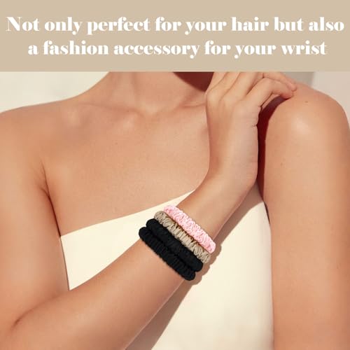 Scrunchies Hair Ties Silk Satin Scrunchy, WantGor Women 4PC Hair Bands | Pure Mulberry Silk Skinny Elastic Scrunchies Bracelets Ponytail Holders Hair Accessories (Champagne,Pink,Black*2) - color: Champagne,Pink,Black*2