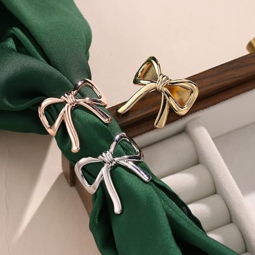 Bowknot Oblate Silk Scarf Ring Brooch for Women Metal Elegant Bow Butterfly Shawl Scarves Buckle Wrap Clasp Clip Rings Brooches Fashion Delicate Wedding Anniversary Dress Accessories Jewelry - color: Silver Plated