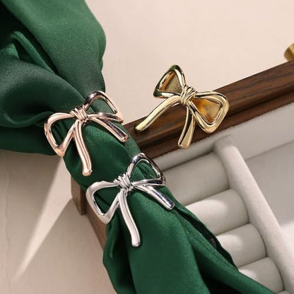 Bowknot Oblate Silk Scarf Ring Brooch for Women Metal Elegant Bow Butterfly Shawl Scarves Buckle Wrap Clasp Clip Rings Brooches Fashion Delicate Wedding Anniversary Dress Accessories Jewelry - color: Silver Plated