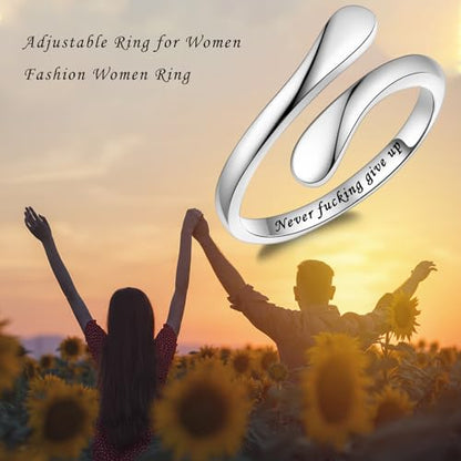 Fookduoduo 925 Sterling Silver Ring Inspirational Jewelry adjustable Wrap Open Rings for Women - style: Never give up