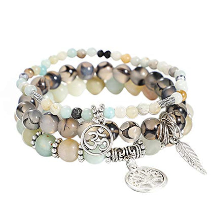 Tree of Life Yoga Healing Stone Bracelets,Multilayer Lotus Chakra Stone Reiki Bracelet Sets,Anxiety Crystal Natural Stone,for Women Stress Relief - style: Amazon Stone+Dragon Stone
