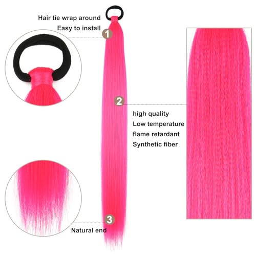 Ponytail Extension 2 Pc Rose Red Braid Ponytail Extension with Elastic Tie | Rave Hair Extensions Straight Wrap Around Hair Extensions Ponytail, 26 Inch Natural Soft Synthetic Hair Piece for Women - color: Rose Red#, size: 26 Inch（Pack of 2）
