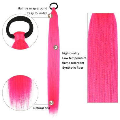 Ponytail Extension 2 Pc Rose Red Braid Ponytail Extension with Elastic Tie | Rave Hair Extensions Straight Wrap Around Hair Extensions Ponytail, 26 Inch Natural Soft Synthetic Hair Piece for Women - color: Rose Red#, size: 26 Inch（Pack of 2）