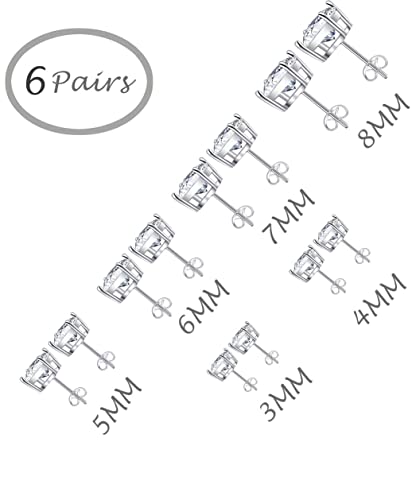 Tornito 6 Pairs 20G Stainless Steel Stud Earrings Square Cubic Zirconia Earring Set For Men Women 3MM-8MM Silver Tone - style: B:6 Pairs,Square CZ