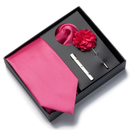 joy alice 30 Colors Solid Ties for Man Pure Color Men's Tie Set with Lapel Pin Pocket Square Tie Clip - color: Hot Pink