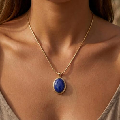 Sonateomber Gold Stone Pendant Necklace for Women, Chunky Statement Dainty Heart Oval Natural Gemstone Dangle Necklaces Wedding Prom Accessories Fashion Jewelry Gift - color: Blue