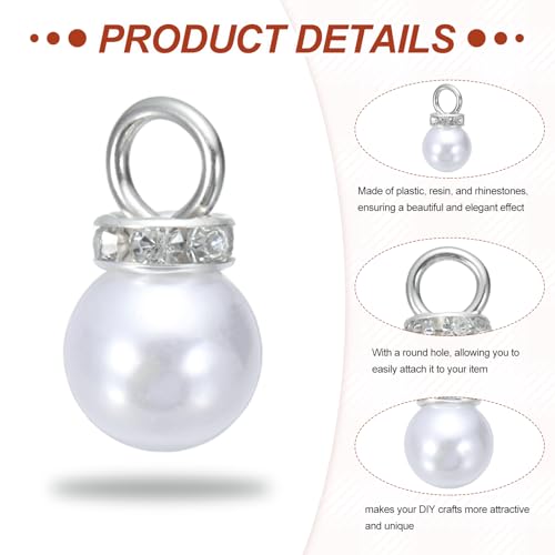 MECCANIXITY 100Pcs Imitation Pearl Pendant 10mm Faux Pearl Beads with Rhinestone for Dangle Jewelry Making Earrings Necklace Bracelets Crafts, White - color: White