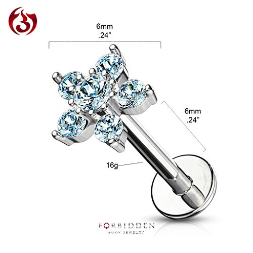 Forbidden Body Jewelry 16g 6-8mm Internally Threaded Surgical Steel Cartilage/Tragus/Labret/Monroe Stud w/Double Tier Floral Top - style: Aqua/Clear