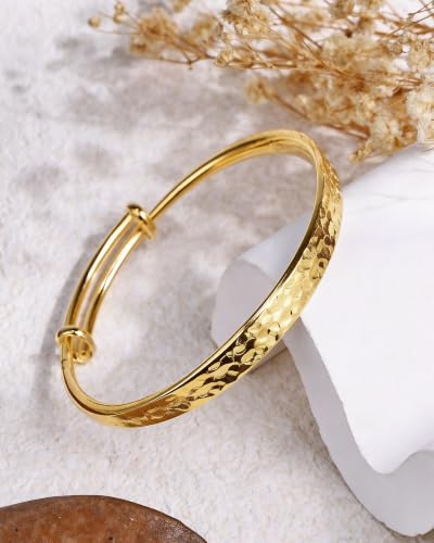 Hammered Texture Bracelet for Women - Maximum 8 inches Adjustable Cuff Bangle, Elegant Boho Chic Jewelry Silver & Gold - color: Gold-A