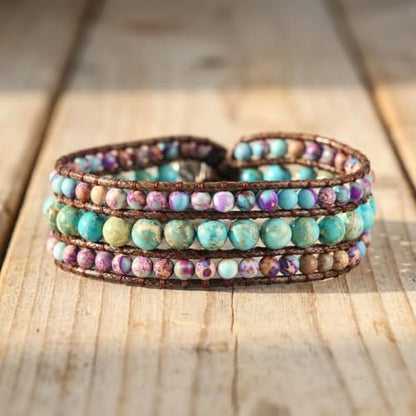 YGLINE Boho Handmade Natural Stone Bead 3 Row Wide Wrap Wrist Statment Bracelet Jewelry Collection - color: Regalite