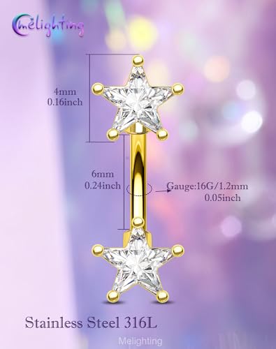Melighting 16G Gold Star Rook Piercing Bar, 6/8 mm Rook Earring with Clear CZ, 316L Stainless Steel Stylish Eyebrow Lobe Piercing Jewellery for Daily Wear Women - color: Gold, size: 16G6mm