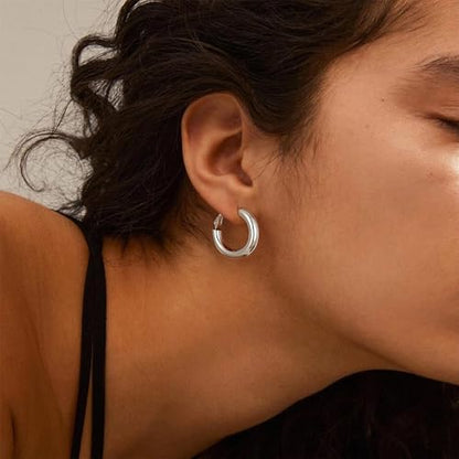 sovesi Chunky Hoop Earrings for Women, 14K Gold Plated Thick Hoops | 5mm Thick Hollow Tube Chunky Lightweight Hypoallergenic Hoop Earrings for Women - style: Silver 25MM