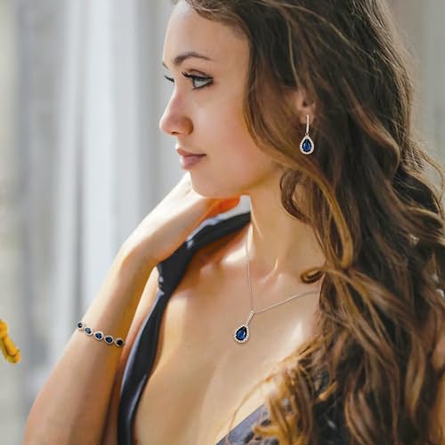 Crysdue Wedding Bridal Teardrop CZ Pendant Necklace Open Ring Dangle Earrings Adjustable Slider Bracelet Jewelry Set, Birthday Mothers Day Christmas Jewellery Gift for Women/Mom/Wife - style: 01-Teardrop Blue Silver-Tone