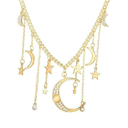 Moon Stars Tassel Pendant Necklaces Big Moon Clavicle Necklace Star Tassel Collarbone Chain Fashion Moon Choker Celestial Star Long Tassel Neck Accessories Jewelry for Women - color: Gold