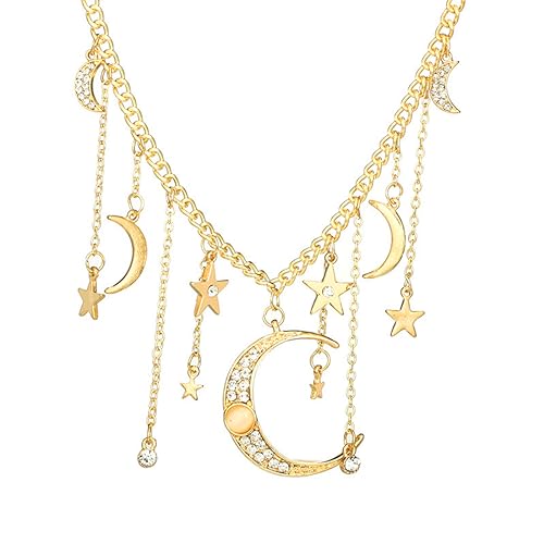 Moon Stars Tassel Pendant Necklaces Big Moon Clavicle Necklace Star Tassel Collarbone Chain Fashion Moon Choker Celestial Star Long Tassel Neck Accessories Jewelry for Women - color: Gold