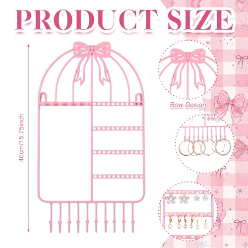 Novabright Pink Bow Wall Hanging Jewelry Organizer with 16 Hooks 48 Stud Holes 15.75inch Pink Metal Wall Necklace Holder Cute Coquettish Jewelry Hanger Rack for Bracelets Earrings Girls Room Decor