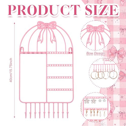 Novabright Pink Bow Wall Hanging Jewelry Organizer with 16 Hooks 48 Stud Holes 15.75inch Pink Metal Wall Necklace Holder Cute Coquettish Jewelry Hanger Rack for Bracelets Earrings Girls Room Decor
