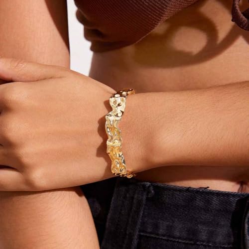 GIGB PBDK Chunky Cuff Bracelets for Women 14K Gold Minimalistic Hammered Cuff Bangle 12MM Wide Adjustable Textured Open Bangle Trendy Punk Jewelry Presents - color: Gold