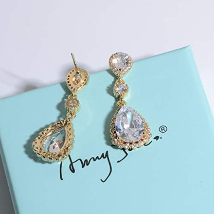 Teardrop Dangle Earrings for Wedding - Sparkly Sterling Silver Cubic Zirconia Crystal Rhinestone Drop Earrings Pierced Austrian Style Hypoallergenic Earrings Womens Bridal Jewelry - style: PJ 3 long teardrop wedding earrings gold