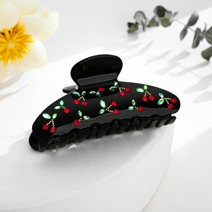 LILIE&WHITE Acrylic Hair Clips For Women Black Claw Clips | With The Rhinestone Pattern In Red Cherry Hair Clip With Claw For Thick Hair Strong Hair Fix Claw Clips - color: HC21221B