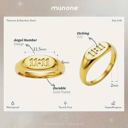 6mm 1111 Angel Number Signet Rings for Women Men | 18K Gold Plated Hypoallergenic Statement Ring,Sync with the Universe Spiritual Statement - color: Gold