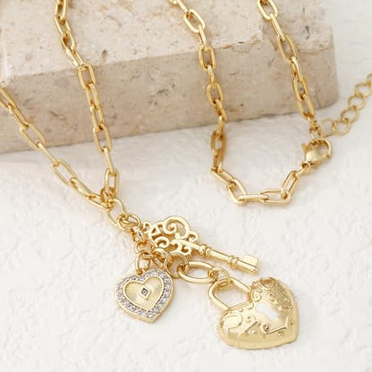 Chunky Gold Necklace for Women, 18K Waterproof Heart Necklace Statement Necklace Gold Charm Necklace Chunky Jewelry Paperclip Chain Choker Gift for Women - style: Heart Lock & Key