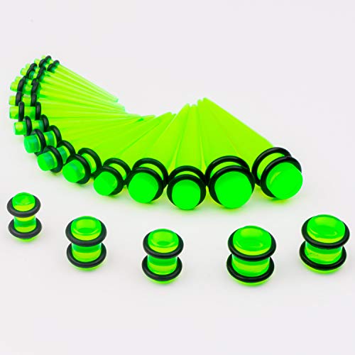 50 Pcs Ear Gauges Stretching Kit 14G-00G | Acrylic Tapers and Plugs Silicone Tunnels, Gauge Expanders Stretching Kit, Piercing Earring Jewelry for Men and Women - color: Green
