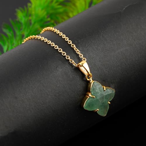 Natural Gemstone Necklace, 4-Petal Floral Stone Prong Dainty Pendant, Gold Plated, Handmade Bohemian Jewelry, Chakra Healing Crystals, Christmas Gift for Women
