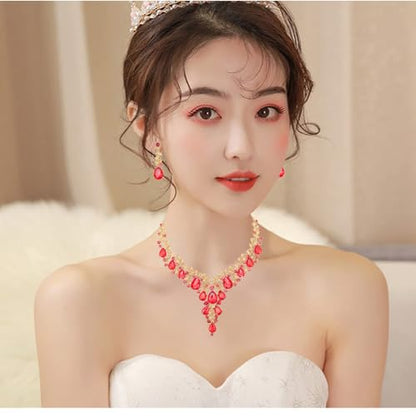 CSY Elegant Crystal Costume Jewelry Sets Flower Bridal Necklace Earrings Stretch Bangle Set for Bride Bridesmaid Wedding Dress Accessories - color: Red crystal-gold tone
