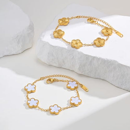 Women Gold Bracelets Jewelry Set - 3Pcs 18K Gold Plated Floral Bracelet,Stainless Steel Charm Bracelet Non-Tarnish,Adjustable Lucky Chain Trendy Gift,Christmas Valentines Birthday Gifts for Girlfriend - style: White&Gold