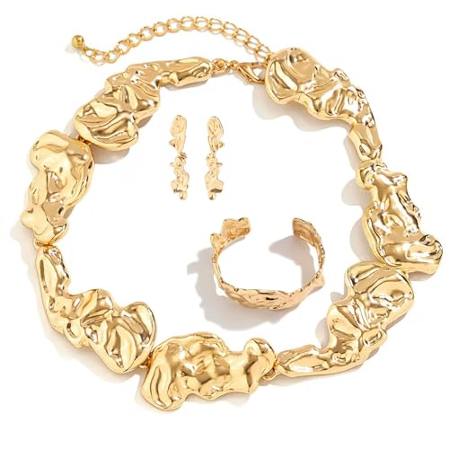 3 Pcs Metal Big Open Choker Necklace Bracelet Earrings for Women Adjustable Gold Baroque Pearl Choker Necklaces Round Necklace Suitable for Party ummer Beach Bead Body Chain Jewelry，Mother’s Day, Birthday, Bridesmaid, Graduation, Wedding