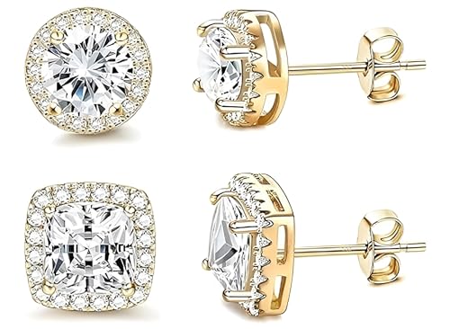 18K White Gold Plated Round Square Cubic Zirconia Simulated Diamond Halo Stud Earrings 2 pairs Set - color: gold