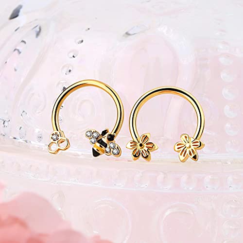 2PCS Septum Ring 16G 316L Surgical Steel Cartilage Earring Hoop Nose Ring Cute Bee Captive Bead Rings Tragus Daith Rook Helix Piercing Jewelry