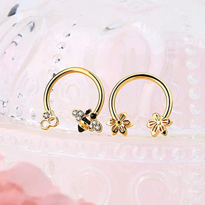 2PCS Septum Ring 16G 316L Surgical Steel Cartilage Earring Hoop Nose Ring Cute Bee Captive Bead Rings Tragus Daith Rook Helix Piercing Jewelry
