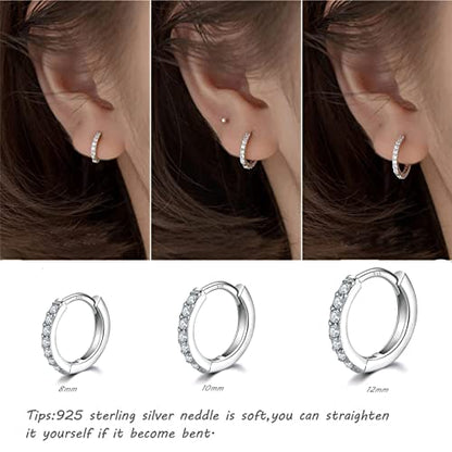 3 Pairs 925 Sterling Silver Small Hoop Earrings for Women Men | Cubic Zirconia, 14K White Gold Plated Huggie Hoop Earrings, Hypoallergenic - style: B-silver 8mm*3