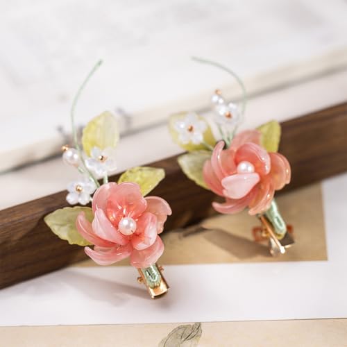 A Pair Wedding Hair Clips, Handmade Floral Design Crystal Hair Clips Pearl Barrettes, Rhinestones Flower Clips Pearl Headpieces Hair Pins Hair Accessories for Women Girls (Green&Pink) - color: Green&Pink