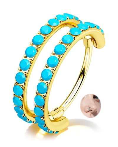 Nose Ring Hoop, 316L Stainless Steel Double Nose Rings, 20G Nose Piercing Jewelry for Women, Clear CZ Helix Cartilage Septum Nose Hoops - color: Turquoise-Gold-8mm