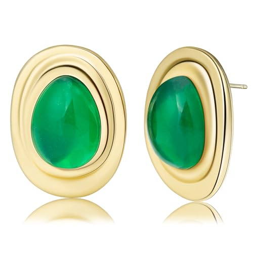 Resin Statement Chunky Gold Drop Earrings Big Vintage Colorful Oval Stud | Acrylic Teardrop Boho Hypoallergenic Jewelry Unique Everyday Funky Vacation Cool Large Oversized Bold Outfit for Women Trendy - color: Green