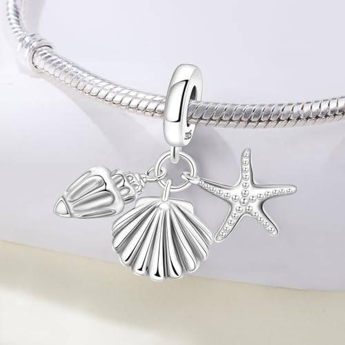 925 Sterling Silver Charms Bead for Bracelets Necklaces, Star Moon Crescent Sun Solar Pendent, Blue Ocean Starfish Shells Turtle Crab Starry Sea Cute Jewelry Birthday Gifts for Women Men - style: Seashell charms