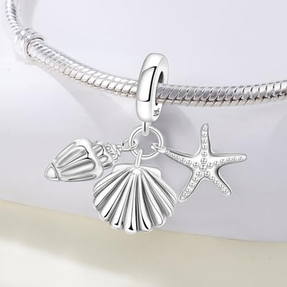 925 Sterling Silver Charms Bead for Bracelets Necklaces, Star Moon Crescent Sun Solar Pendent, Blue Ocean Starfish Shells Turtle Crab Starry Sea Cute Jewelry Birthday Gifts for Women Men - style: Seashell charms