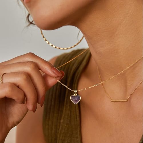 KissYan Healing Crystal Necklace, 14K Gold Plated Natural Stone Pendant Necklace Reiki Quartz Amethyst Citrine Gemstone Spiritual Jewelry Gifts for Women Girls - color: H-Amethyst-Heart