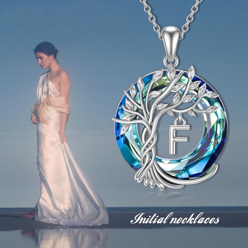 TOUPOP Gifts for Women Tree of Life Initial Necklace 925 Sterling Silver Letter Pendant with Blue Crystal Birthday Jewelry Gifts for Women Her Mom Wife Daughter - color: Tree of Life F Initial