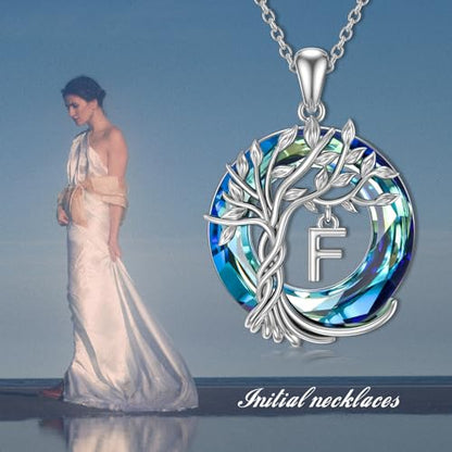 TOUPOP Gifts for Women Tree of Life Initial Necklace 925 Sterling Silver Letter Pendant with Blue Crystal Birthday Jewelry Gifts for Women Her Mom Wife Daughter - color: Tree of Life F Initial