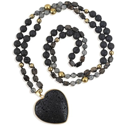 Long Necklaces for Women Boho, Oval Waterdrop Turquoise Pendant, Natural Stone Beaded, Handmade,Vintage & Elegance, Boho Fashion Charm Beaded Necklace for Women - style: K-Heart Lava Rock Pendant