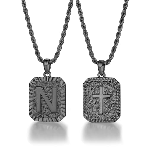 ASUWISH Gold Initial Necklaces for Men and Women, 18K Gold Plated Letter A-Z Cross Pendant with Adjustable Rope Chain, Letter Necklace for Women and Men - color: N, style: Black